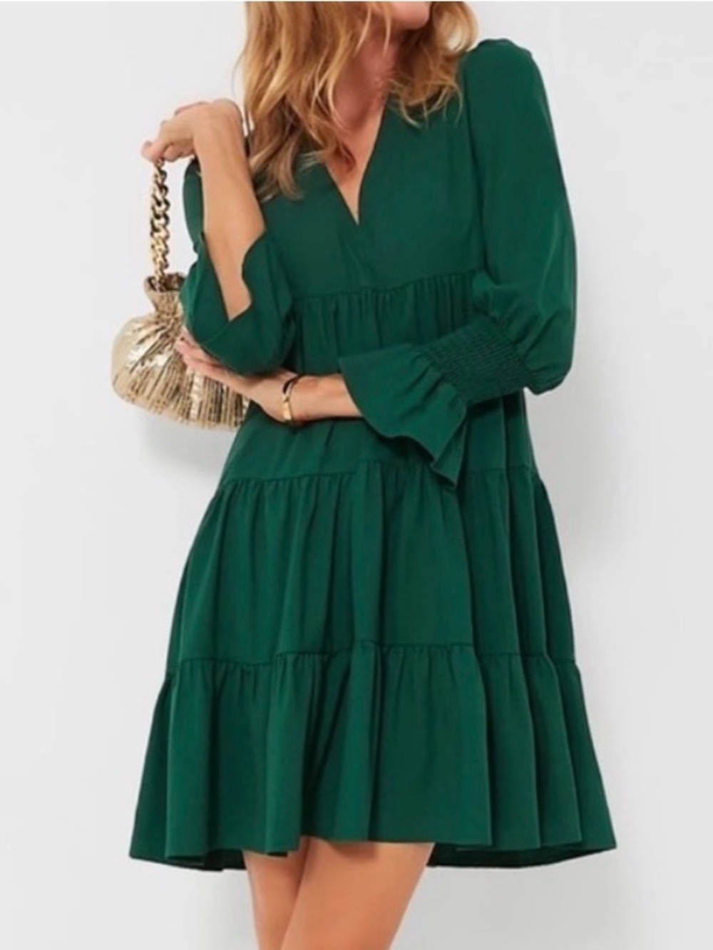 Pomander Place Kenzo Crepe Tiered Mini Dress Hunter Green Babydoll Style Size XS